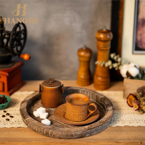 Hanobe Rustic Wooden Serving Tray, Round Decorative Butler Tray for Home Decor Centerpiece