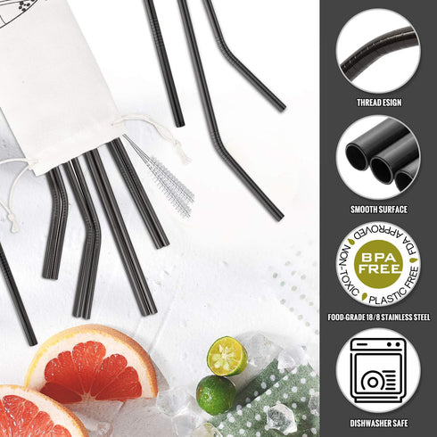 Hiware 12-Pack Black Stainless Steel Straws, Reusable with Case - Metal Drinking Straws for 30oz and 20oz Tumblers,