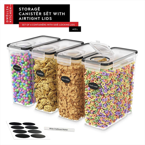 DWËLLZA KITCHEN Cereal Containers Storage 4 Pack, 135 fl. oz Airtight Food Storage Containers for Pantry