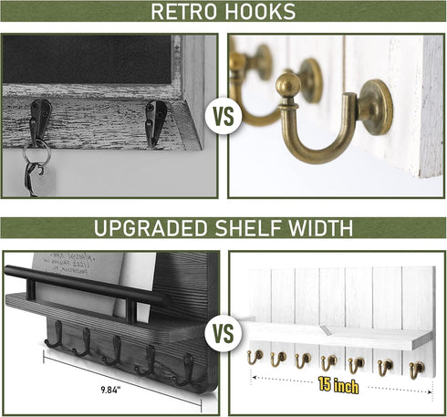 Rebee Vision Decorative Key and Mail Holder for Wall - 15 Inches Floating Shelf with 7 Key Hooks