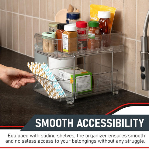 Masirs 2-Tier Clear Pull-Out Drawer Organizer, Compact Makeup and Closet Organizer, Easy Assembly Kitchen Storage