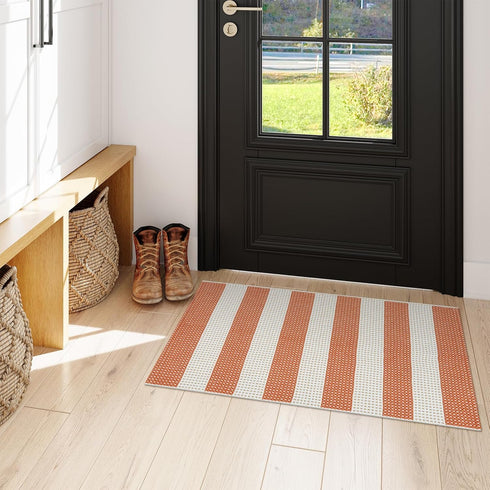 OJIA 24"x35" Front Door Mat, Cotton Woven Washable Orange Striped Porch Rug for Indoor Outdoor