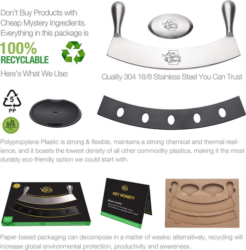 12" Stainless Steel Mezzaluna Knife & Cover + FREE Stainless Steel Soap Odor Remover | Pizza Cutter & Herb Mincer