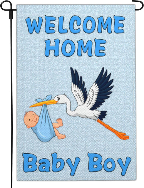 Welcome Home Baby Boy Garden Flag, 12x18 Inch Double Sided It's a Boy Stork Yard Sign Decorations