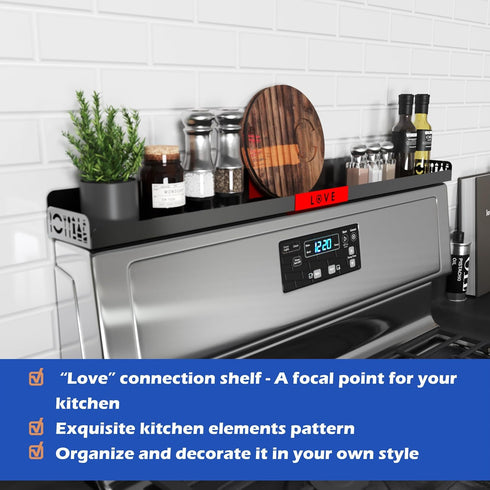 30" STUTOV Magnetic Stove Top Shelf Black Spice Rack with Red LOVE Design Seasoning Organizer for Back of Stove Over
