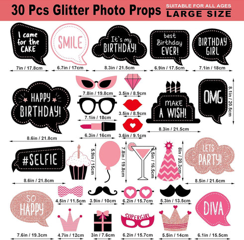 Birthday Photo Booth Props Kit - 30 Pieces Happy Birthday Party Decoration Set with Real Glitter for Women