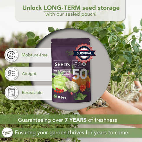 Pack 50 25,000 Garden Vegetable Seeds Pouch - Varieties of Vegetable, Herb & Flower Seeds for Planting - Non GMO