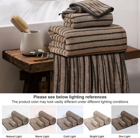 8 Set-2 Towels,2 Towels,4 600GMS Pcs Polyester Brown Cabana Stripe Large Bath Towel Bathroom Hand Washcloths