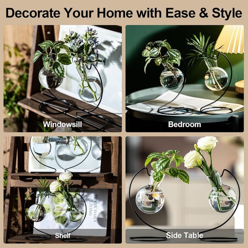(6) Desktop Glass Plant Propagation Station with Metal Stand,Tabletop Plant Terrarium,Hydroponics Vase for Propagating