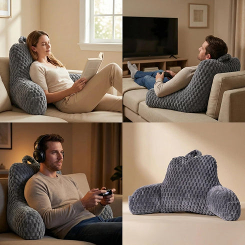 GRASS BROOK Faux Fur Reading Pillow for Bed Adults, Ultra Soft Plush Floor Backrest Pillow with Side Pockets for Bed