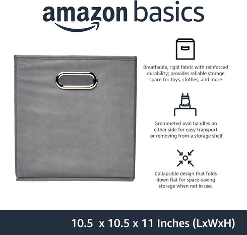 Amazon Basics Collapsible Fabric Storage Cubes with Oval Grommets - 6-Pack, Light Grey, 10.5 x 10.5 x 11 inches