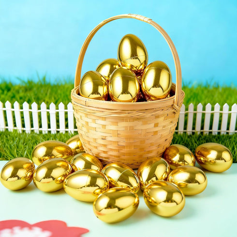 18Pcs 2.3" JOYIN Gold Easter Eggs, Metallic Plastic Empty Eggs Fillable for Easter Hunt Supplies, Basket Stuffers, Toys