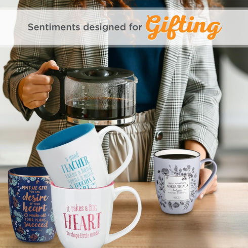 Christian Art Gifts Blue Bible Verse Mug, Floral Faith Ceramic Coffee Mug w/Gold Trim & Psalm 20:4