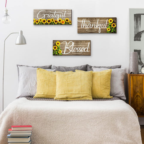 Nuanchu 3 Pcs Sunflower Wall Decor Art Signs, Thankful Grateful Blessed Wooden Hanging Plaques for Home