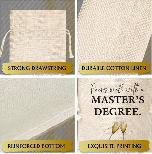 Pairs Well With A Master's Degree Wine Gift Bag, Cotton Linen Wine Bag with Drawstring for Graduation Gifts