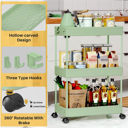 3-Tier SPACEKEEPER Green Rolling Storage Cart, Bathroom & Kitchen Organizer, Modern Plastic Frame, Adjustable Shelves