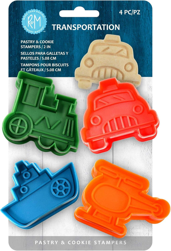 R&M Transportation Theme Cookie Cutter Stamper - 4 Piece Set, Assorted Colors, Train, Boat, Helicopter, Car