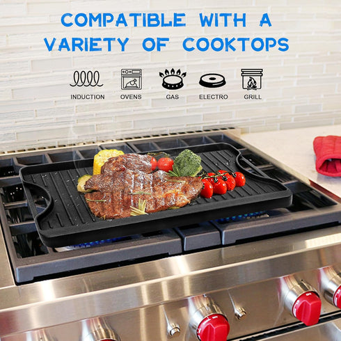 GGC Cast Iron Reversible Griddle, 2-in-1 Griddle Pan for Gas Stove Tops, 20 x 10.5 Flat and Ribbed Plate