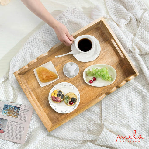 15x10x1.75 inch Mela Artisans Wooden Serving Tray with Handles | | Mango Wood Decorative Tray| Ottoman Tray | Snacks |