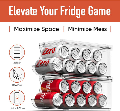 Soda Can Dispenser for Refrigerator with Lid - Durable & Sturdy Drink Organizer for Fridge & Pantry, Stackable, BPA Free, Clear Rolling Design, Can Holders for Fridge, Holds 9 Cans