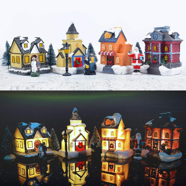 Christmas Village Sets-Christmas Decorations,LED Lighted Christmas Village Houses with Figurines, Christmas Village