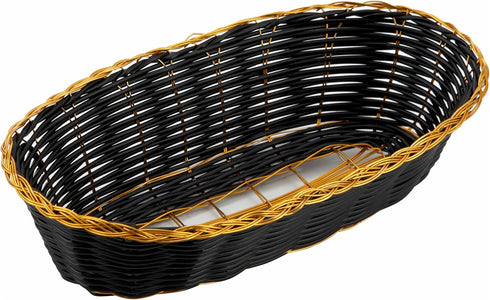 Winco Oblong Woven Basket, Black with Gold Trim, 9" x 6.5" x 2.25"