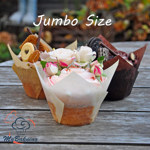 (JUMBO EXTRA LARGE) Natural+Brown+White Tulip Baking Cups, 130 pcs Greaseproof Paper Liners