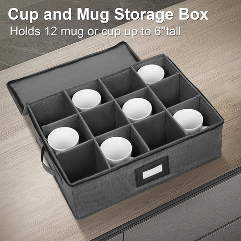 2Pack, 12 Mayniu Cup and Mug Storage Box China Storage Containers for Tea Cups or Coffee Mugs with Zipper Lid and Rivet