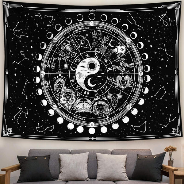 Twelve Constellation Tapestry, Black and White Sun and Moon, Yin and Yang Mystic Wall Hanging for Home Decor
