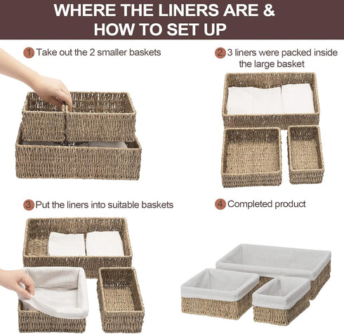 FairyHaus Natural Small Seagrass Storage Baskets with Liner, Hand-woven Nesting Wicker Baskets Set for Shelves (3 Pack)