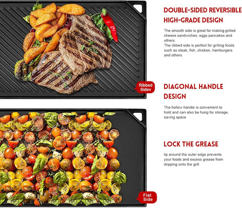 GGC Cast Iron Griddle, Reversible Flat Top Griddle for Gas Grills, Stove Tops, Outdoor Cooking, 16.5 x 9.5 Baking Plate