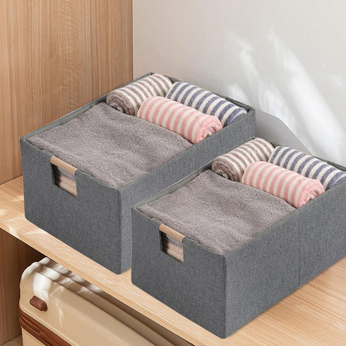 Foldable Fabric Storage Bin Box - Cotton Linen Storage Basket with Wooden Handles, Small Gray Decorative Organizer