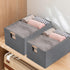 Fabric Storage Bin Box, Foldable Cotton Linen Basket with Wooden Handles, Gray, Medium for Laundry, Clothes, Blankets