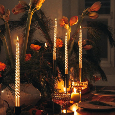 10 Inch Taper Candle Set of 12 - Long Burning Tapered Candles for Dinner Parties, Weddings, and Halloween (25cm, Gold)