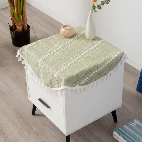 24 Inch Rustic Linen Bedside Round Small Tablecloth Striped Embroidered Washable Sage Green Table Cover Farmhouse