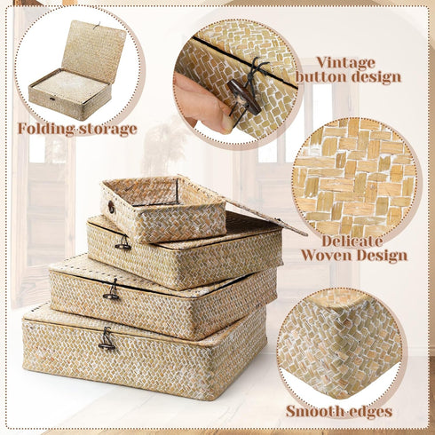 Set of 4 Seagrass Baskets with Lid, Decorative Storage Boxes for Shelf, Closet, Bedroom, 4 Sizes, White