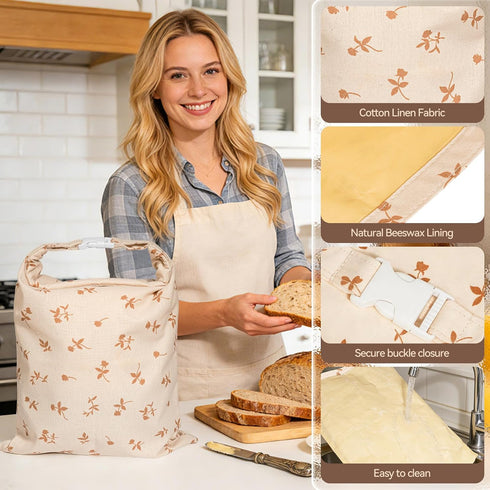 2 Beeswax Bread Bags for Sourdough, pcs Reusable Beeswax Bread Bags for Homemade Sourdough, XL Cotton and Linen Food