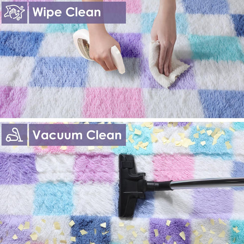 KICMOR 5x7 Purple Rainbow Checkered Area Rugs for Living Room, Colorful Fluffy Soft Fuzzy Shag Shaggy Bedroom Carpet