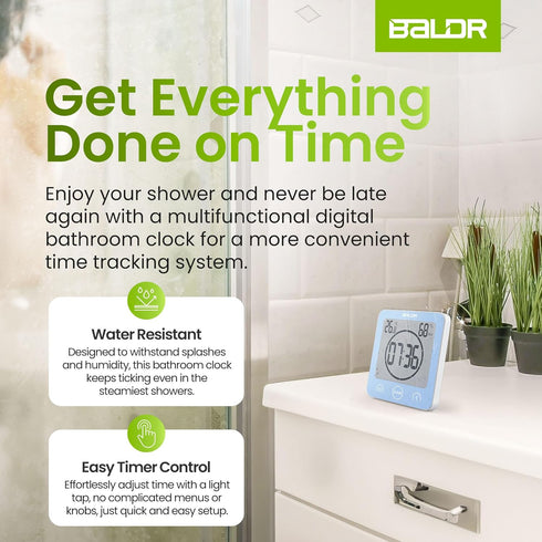 BALDR Digital Shower Clock - Blue Water-Resistant Countdown Timer with Temperature and Humidity