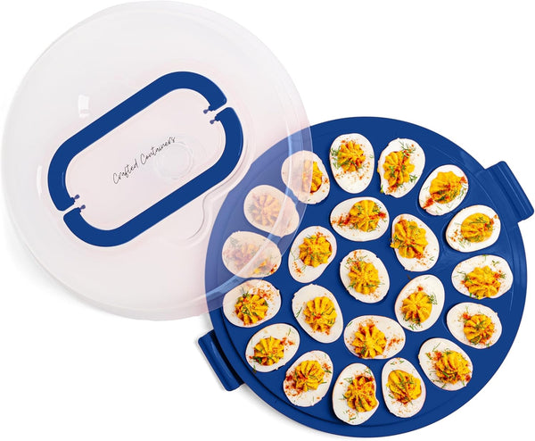 Crafted Containers Deviled Egg Carrier with Lid & Handles, 22-Count Portable Tray, Dishwasher-Safe Blue