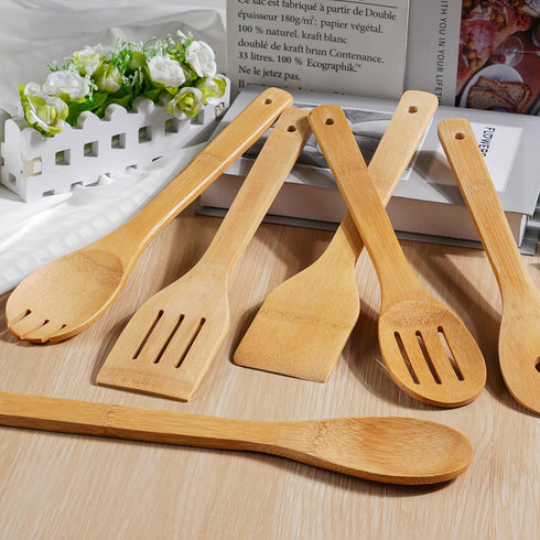 IOOLEEM Bamboo Wooden Spoons for Cooking, 6 Pcs 12 Inch Non-Stick Kitchen Utensils Set, Durable Wooden Spatula Spoons