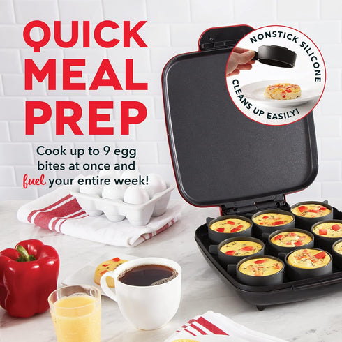 Dash Sous Vide Style Egg Bite Maker - Family Size for Breakfast Bites, 9 Servings, Keto & Paleo Friendly (Red)