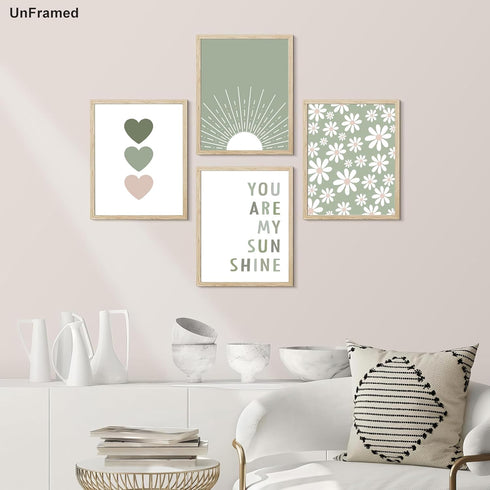 Aglcatie Set 4 12x16 Boho Wall Art of Sage Green Nursery Wall Decor You Are My Sunshine Canvas Painting Prints Daisy