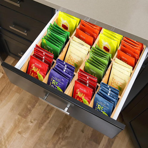 2 Pack 6 Packet, Packets Dicunoy Bamboo Tea Bag Organizers, Wood Tea Bag Storage for Drawers with Roomy Compartments