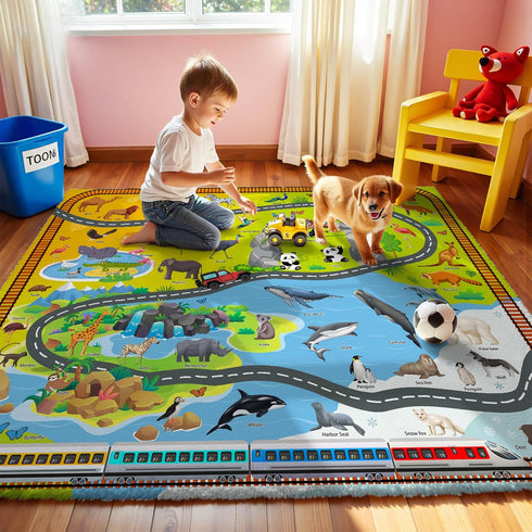 5x7ft Nayoroom Wildlife Park Play Rug - Kids Carpet with Animals Words Design, Non-Slip Faux Wool Educational Rug