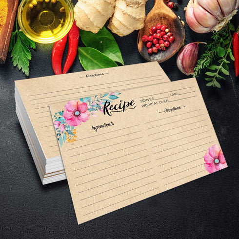 Set of 50 Double Sided Recipe Cards 4x6 Inch, Thick Cardstock with Lines, Large Writing Space (Floral Kraft Look)