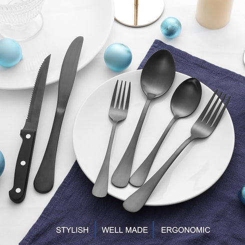 E-far 24-Piece Black Silverware Set - Stainless Steel Flatware Cutlery Set for 4, Matte Black Eating Utensils