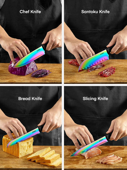 Knife Set, 16 Pieces High Carbon Stainless Steel Rainbow Color Kitchen Knives, Titanium Coating Blade, No Rust, Super