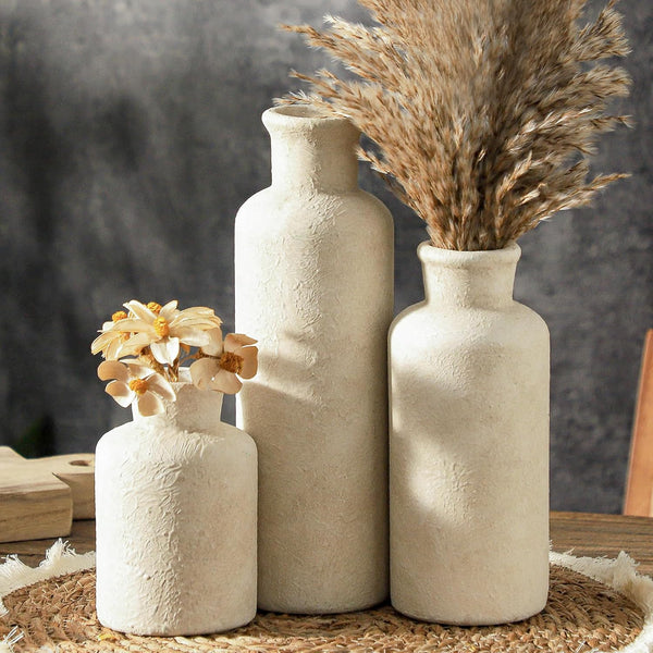 Ceramic Vases Set of 3, Whitewashed Neutral Flower Vases Home Decor, Pottery