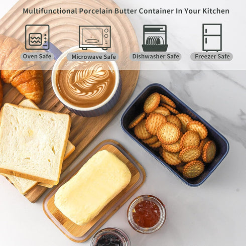 Hasense Large Ceramic Butter Dish with Lid, Navy Blue Embossed Pattern, Airtight Butter Keeper for Countertop, Easy
